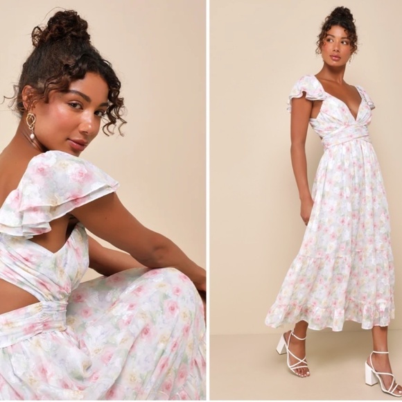 Lulus Dresses & Skirts - LULU's Prom Wedding Flowy Romantic Floral Ruffle Corset Tie Back Midi Dress NWOT